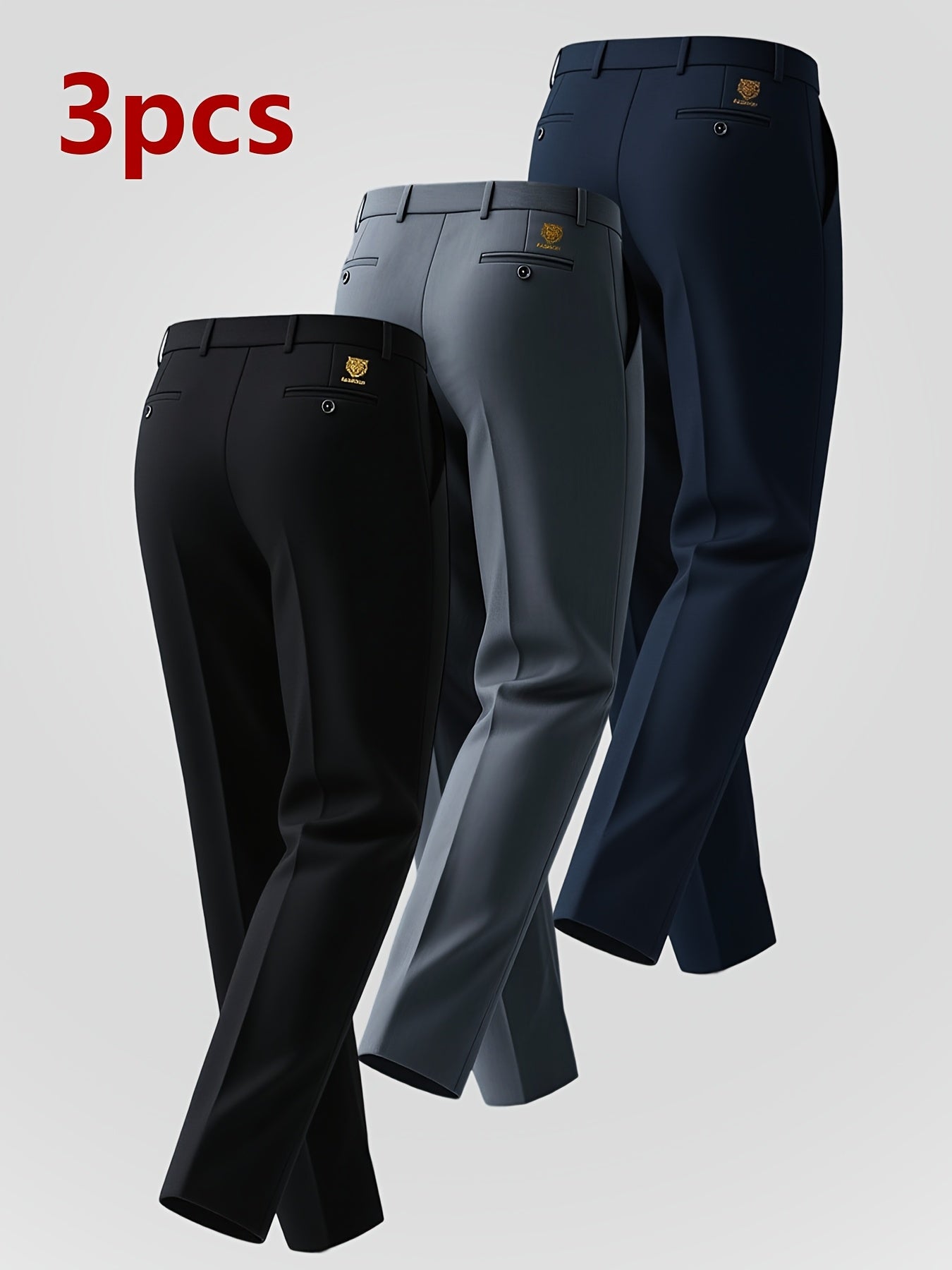 3pcs Pantalons Homme Business Casual – Léger, Stretch, Motif Brodé, Noir/Gris/Bleu Marine