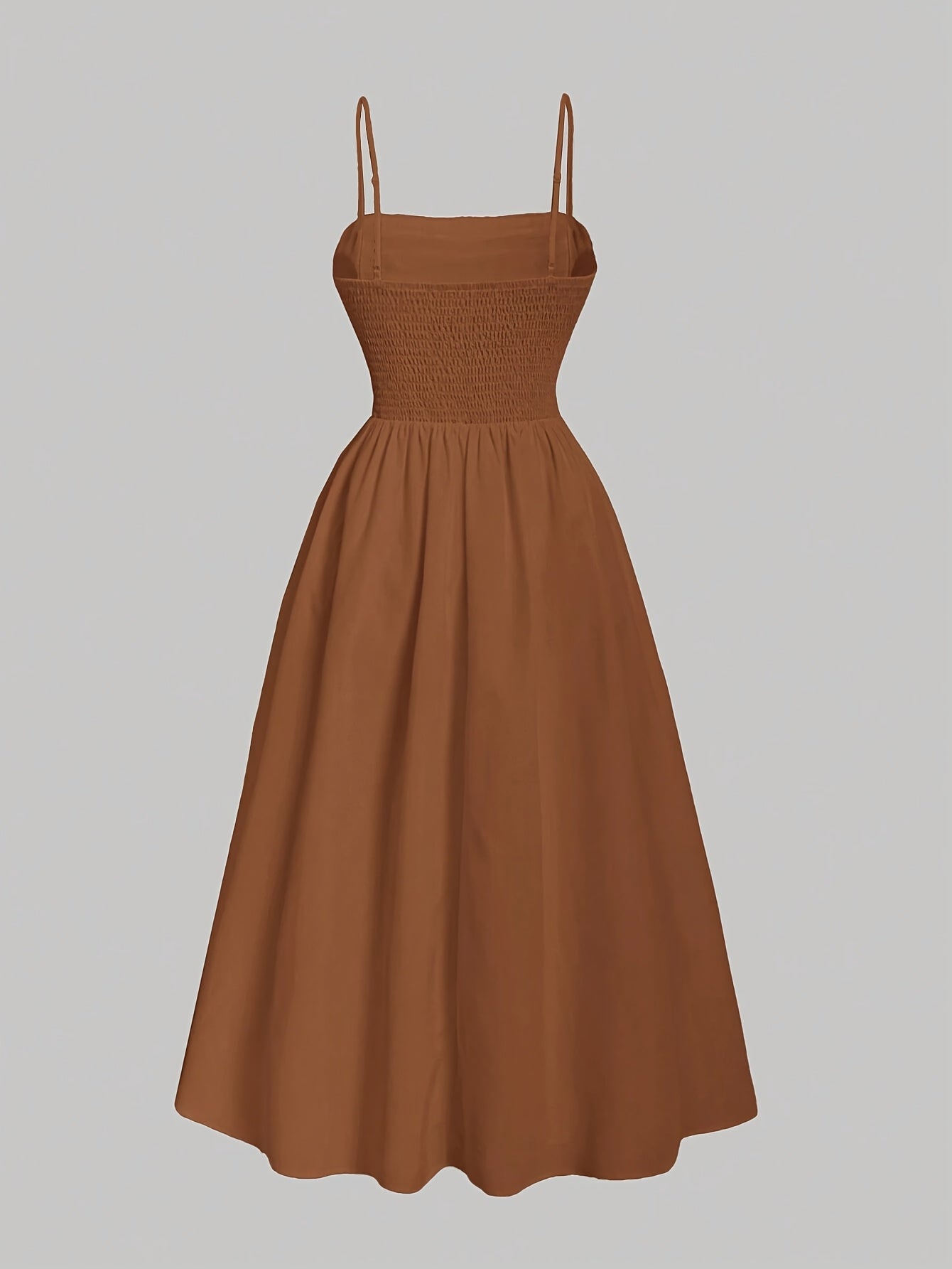 Robe Midi Femme Élégante – Coupe A-Line Marron, Bretelles Fines Ajustables, Taille Cintrée, Sans Manches, Épaules Dévoilées, Idéale Printemps/Été