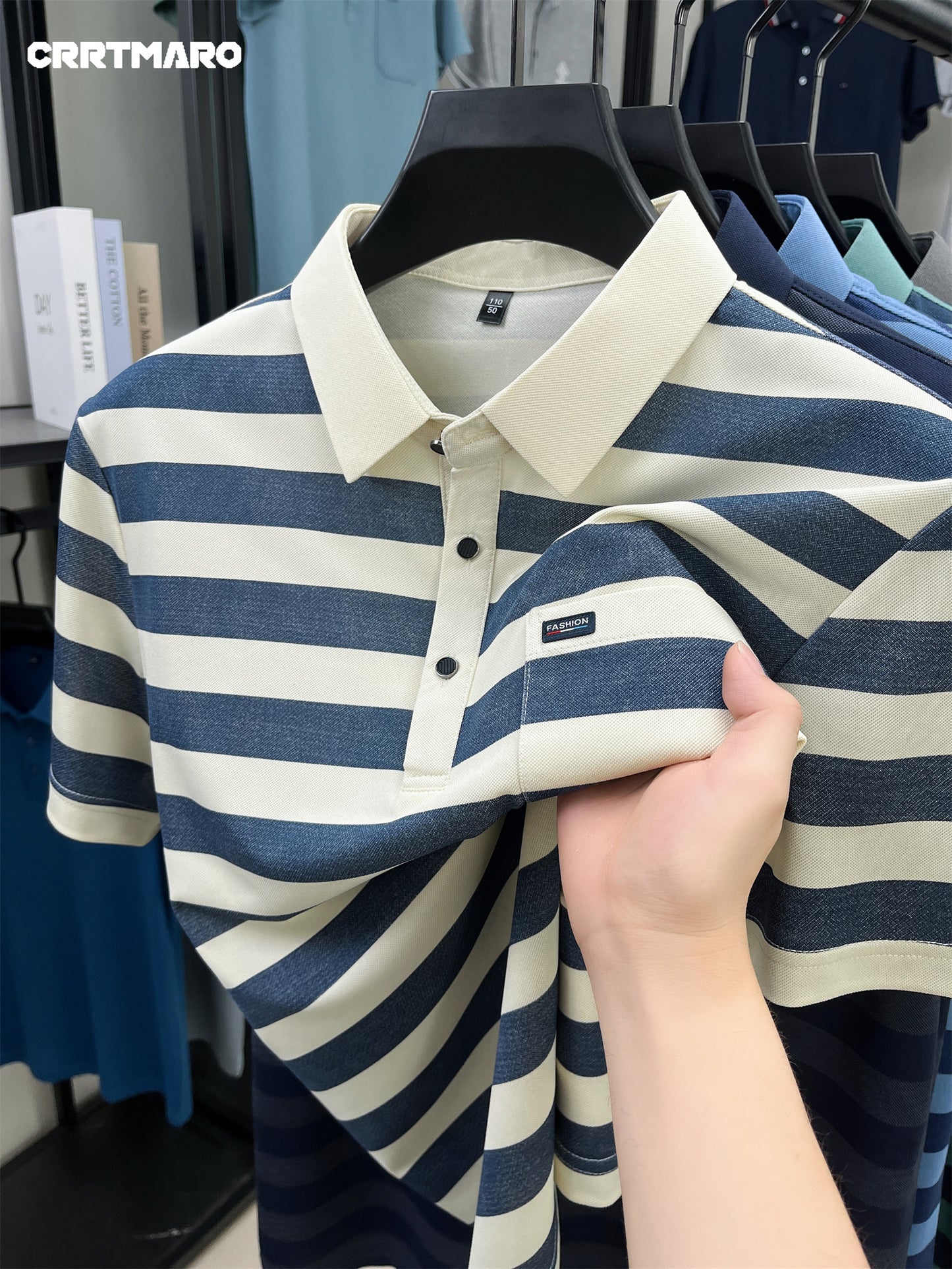 Men'S CRRTMARO Summer Striped Short Sleeve Polo Shirt with Chest Pockets - Casual, Button-Up, Regular Fit, Slight Stretch Fabric, Ideal for Hot Weather, Casual Summer Wear|Striped Pattern|Polyester Fabric