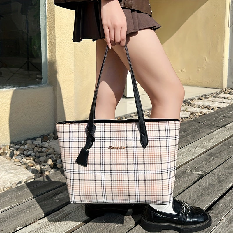Sac fourre-tout à carreaux pour femmes – grande capacité, léger en PVC, porte-cartes intégré, style professionnel polyvalent, bandoulière, idéal pour courses et usage quotidien