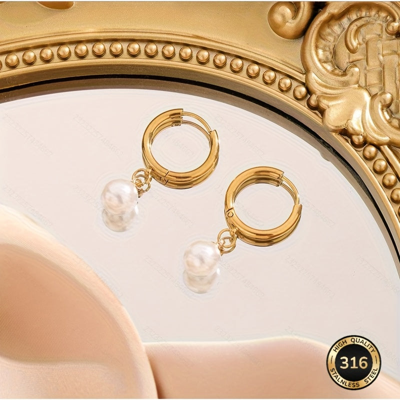 Boucles d’oreilles rétro françaises – pendentif perle imitation, acier inoxydable, hypoallergénique et anti-décoloration, confortables, couleur beige clair, adaptées au quotidien, mariages, Saint-Valentin, cadeau pour femme