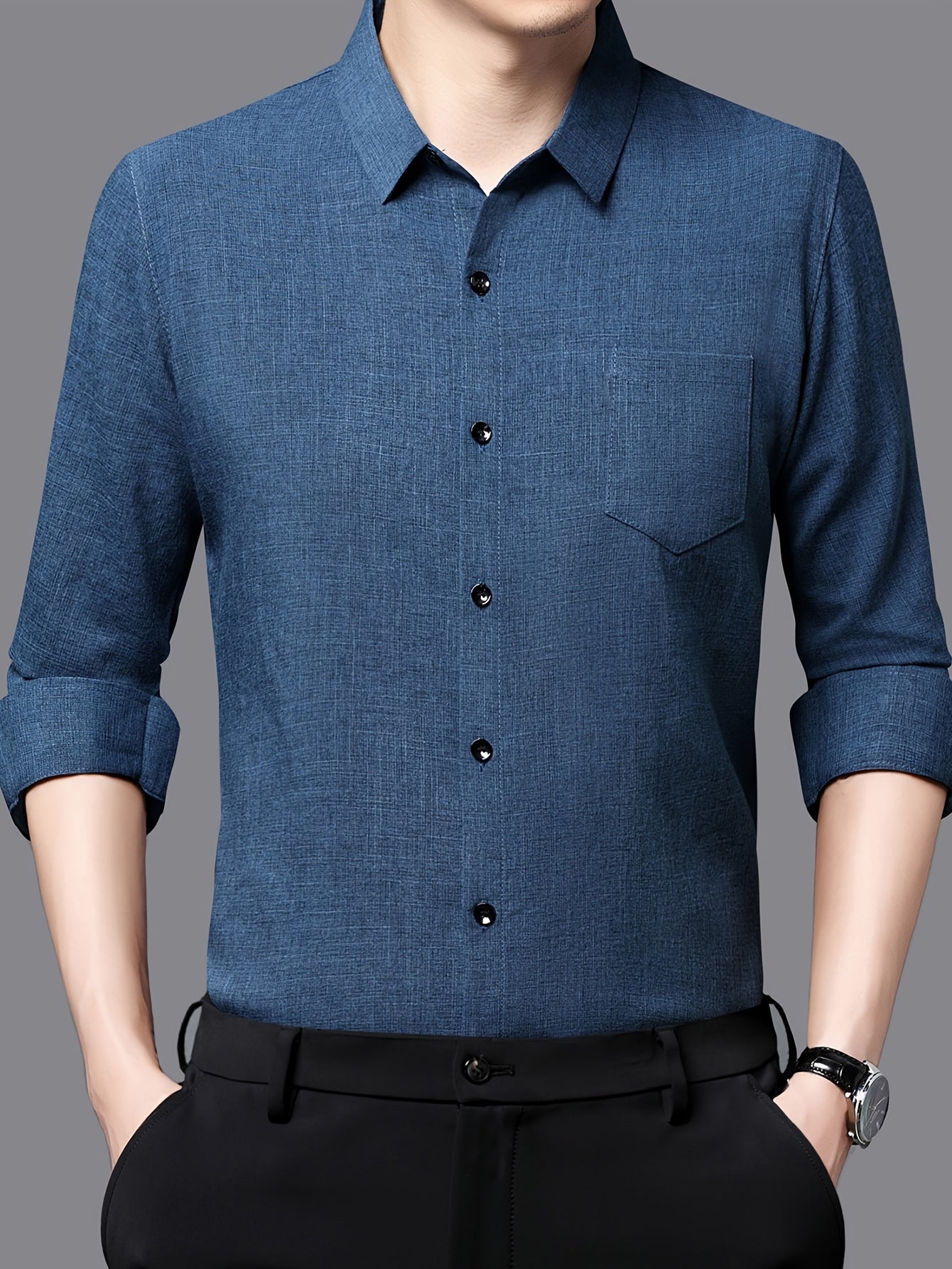 Men's Breathable Long Sleeve Shirt - Black, Button-Up Collar Design with Chest Pocket, Lightweight & Moisture-Wicking Fabric for Casual Wear, Perfect for Spring & Summer, Breathable Apparel | Classic Buttonup Shirt | Nonstret