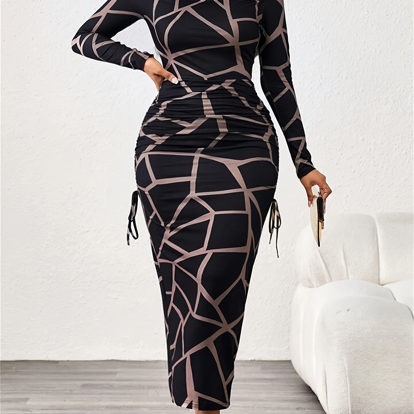 Women'S Elegant Formal Evening Gown - Long Sleeve Bodycon Dress with Geometric Print, Structured Fit & Tie-Front Closure, Floor-Length Party Wedding Guest Dress for, Prom, Gala - Spring/fall Formal Attire, Formal Dresses, Pro