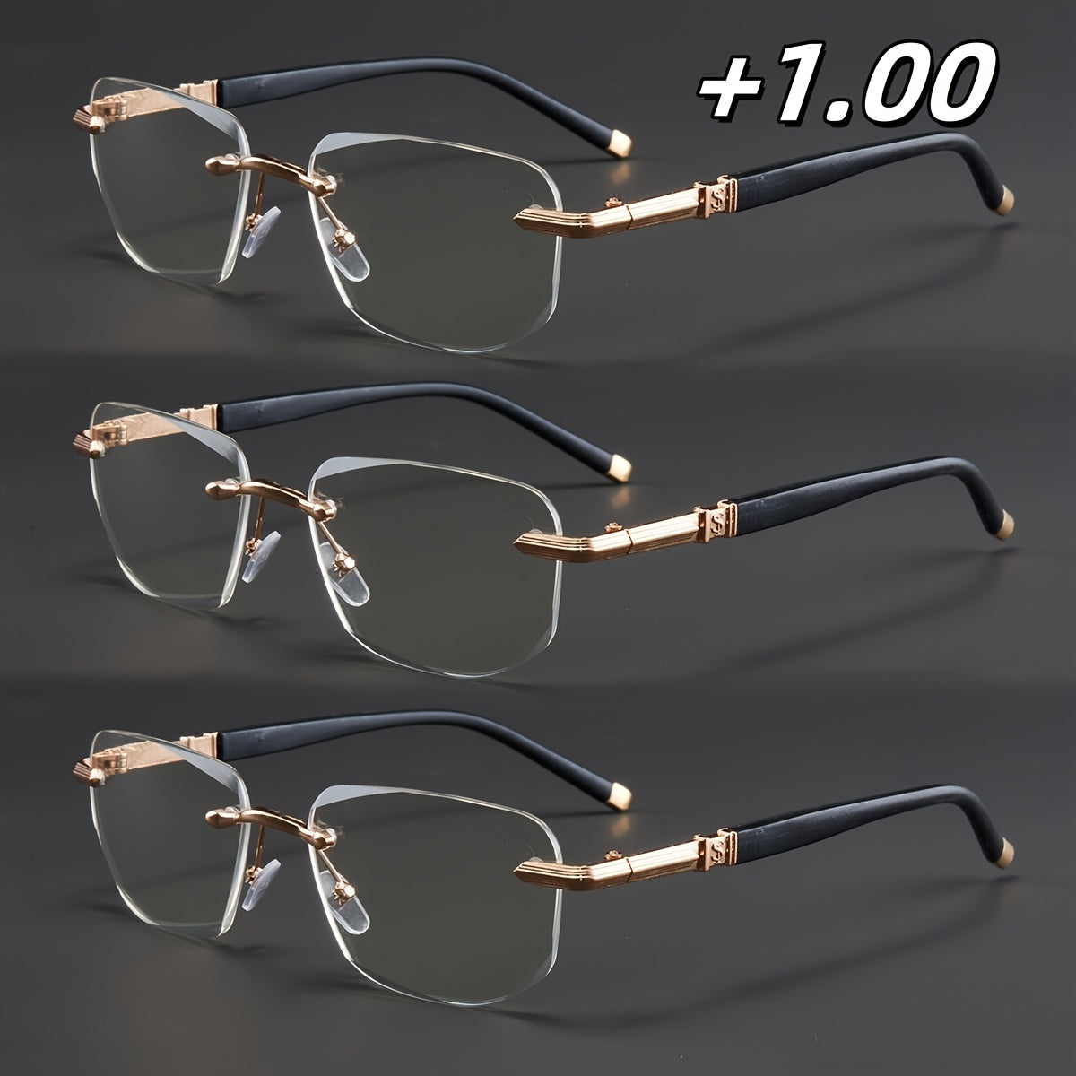 3-Pack, Stylish Men's Frameless Reading Glasses, Elegant Metal Frame, Options: 100, 150, 200, 250, 300, 350, 400 Degrees,christmas Gifts