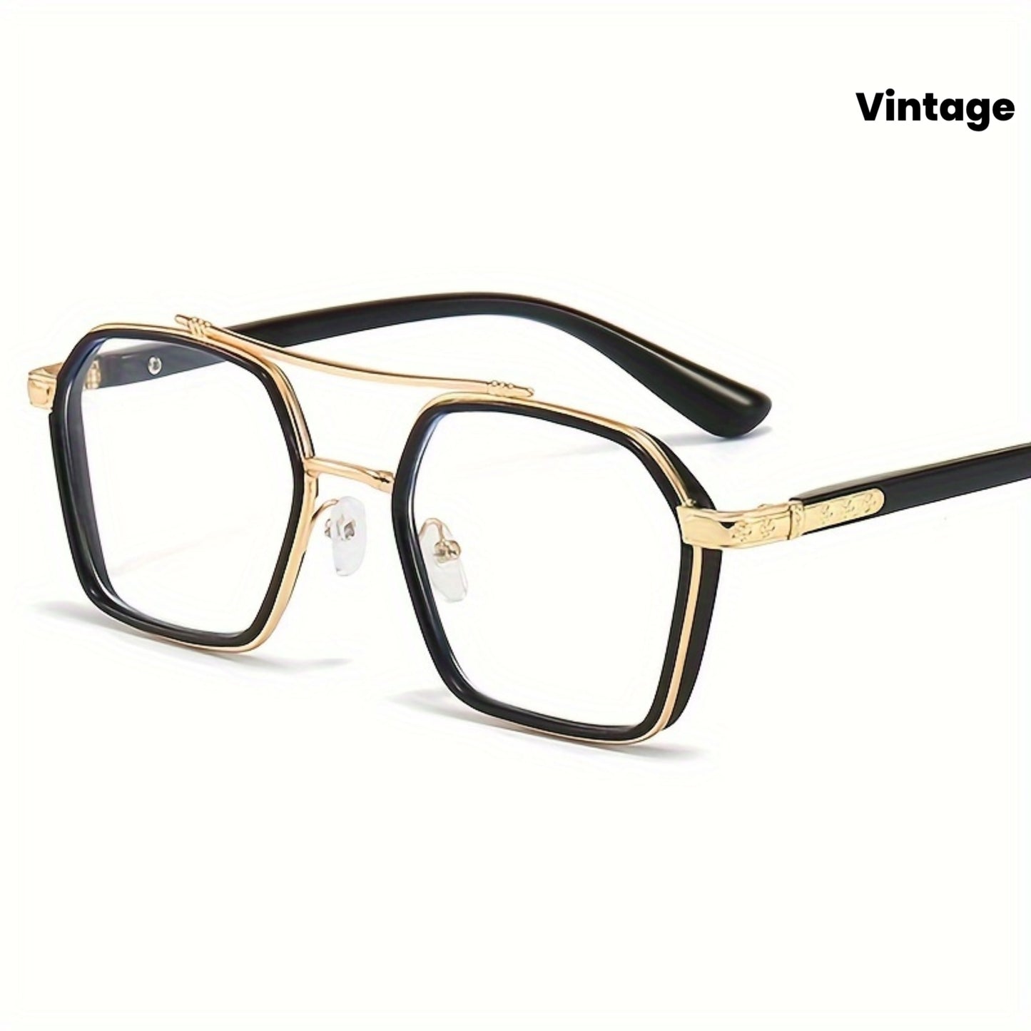 Trendy Full Rim Square Eyeglasses for Men & Women - Spectacle Frame with Golden-Tone Metal Accents, Black PC Material, Clear Lenses, Stylish Retro Design, Eyewear|Elegant Golden Accents|Lightweight Glasses