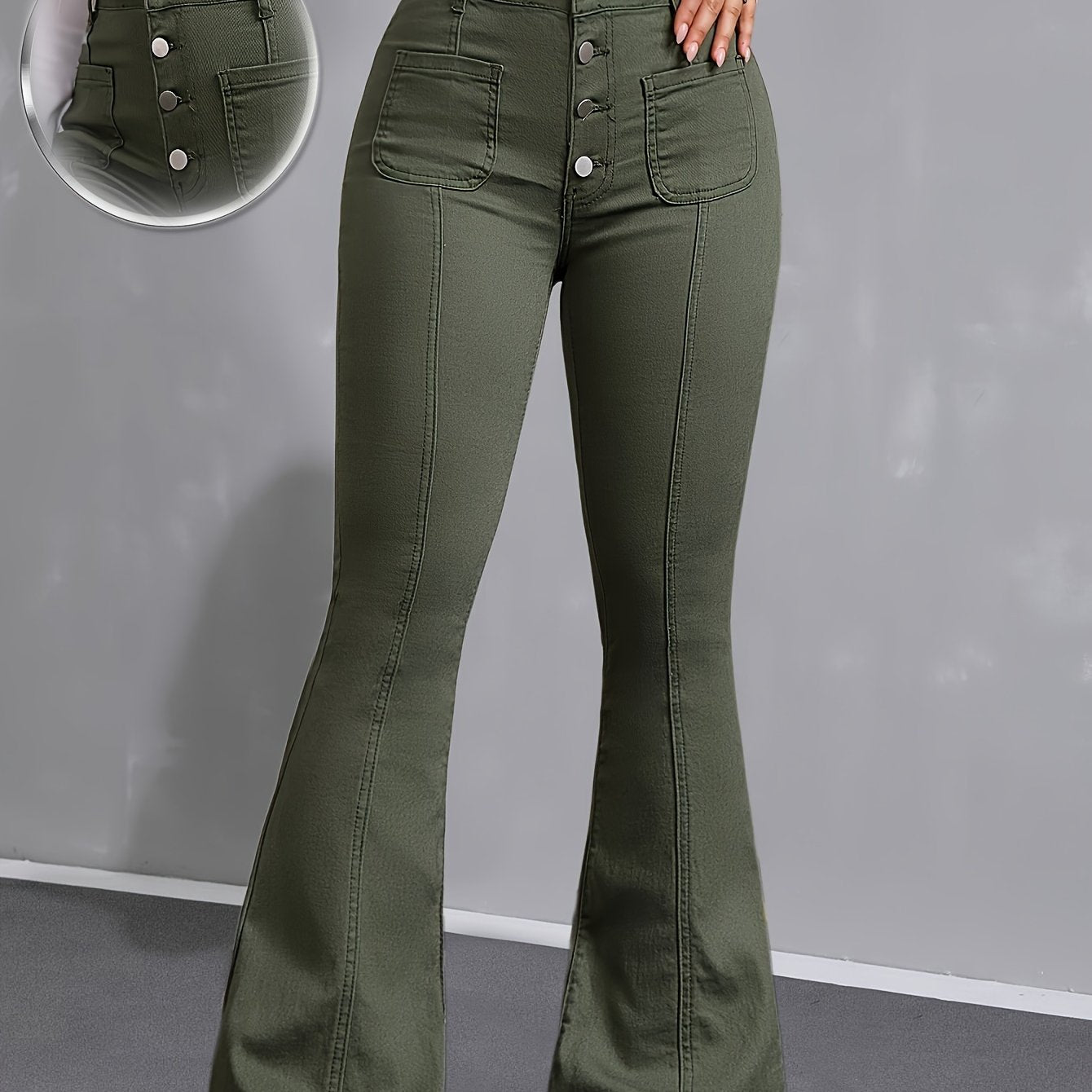Jeans Femme Taille Haute Vert – Jambe Évasée, Extensible, Boutonnage Simple