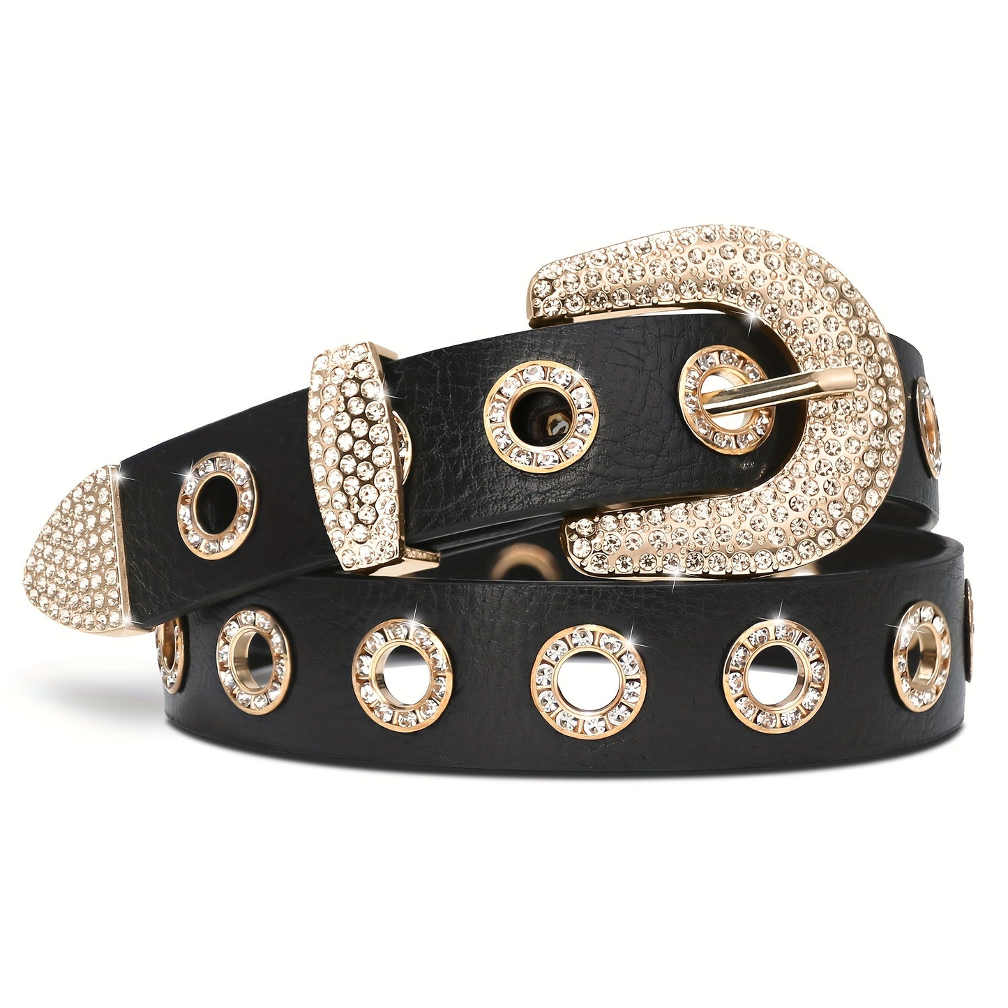 Ceinture punk en simili cuir pour femmes – Œillets cloutés et strass, style rock robuste avec boucles carrée et ronde, éléments dorés, noir et doré/marron, polyvalente pour jeans, robes et pantalons