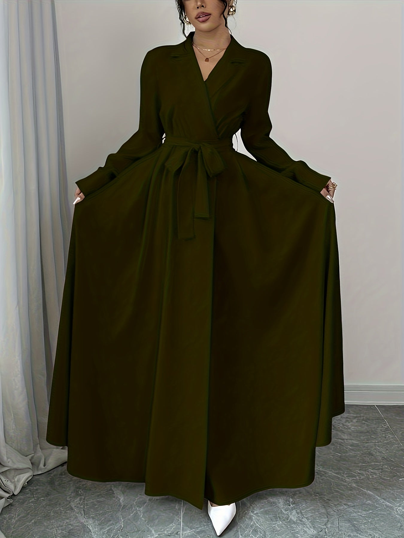 Women's Elegant A-Line Maxi Dress with Collar & Lace-Up Waist - Solid Color Formal Wedding Party Dress, Long Sleeve Flowing Flared, Machine Washable (Elegant Special Line Collection)