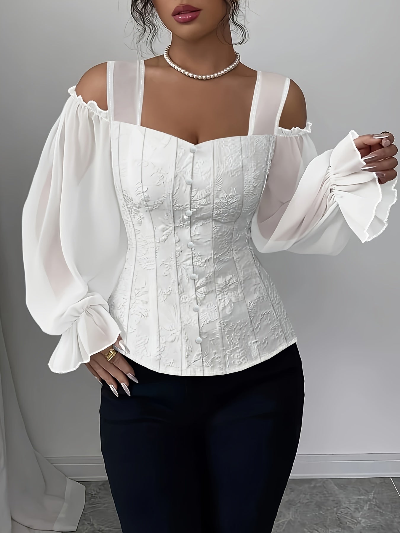 Blouse grande taille élégante pour femmes – Col carré épaules dénudées, manches longues, imprimé floral, ourlet asymétrique, coupe slim, blanche, toutes saisons, lavable en machine, casual et habillé