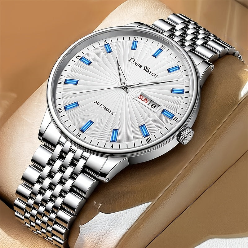 Men'S Stainless Steel Mechanical Watch with Sapphire Crystal Round Dial - Automatic Winding Movement, Date/Day/24H Indicator, Chronograph-Free Luxury Analog Watch for Casual & Formal Occasions, Durable Elegant Timepiece for C