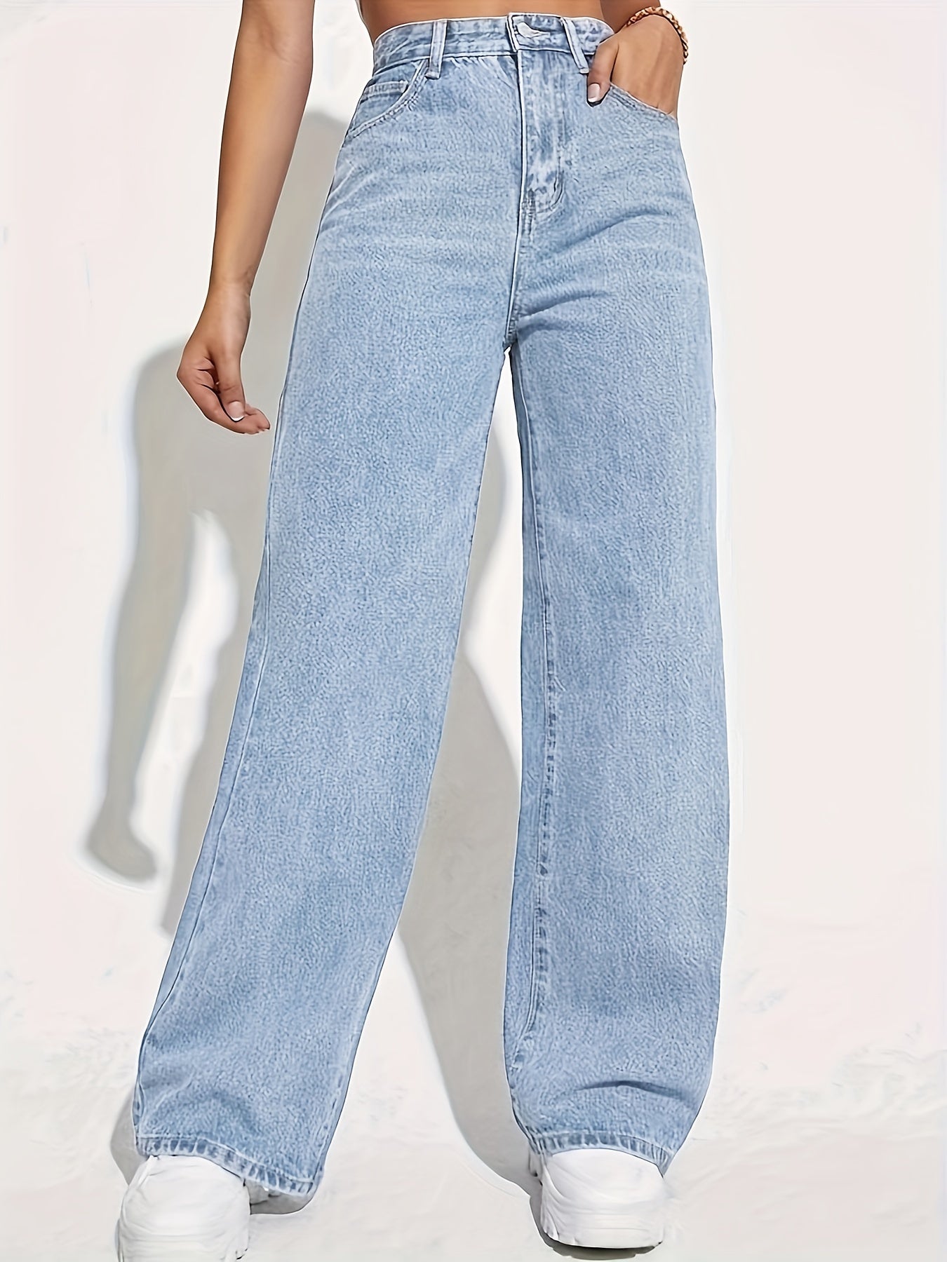 Jeans Femme Taille Haute Style Décontracté Couleur Unie Extensible Jambe Large Longue Zippé Toute Saison