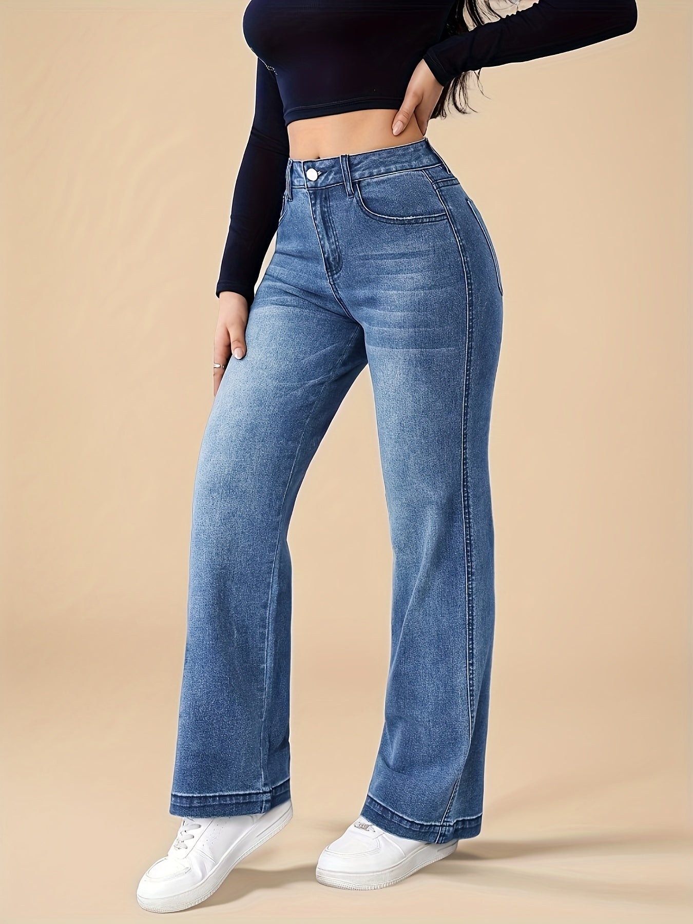 Jean droit stretch pour femme, pantalon décontracté bleu avec poches, confortable et élégant en toutes saisons, lavable en machine