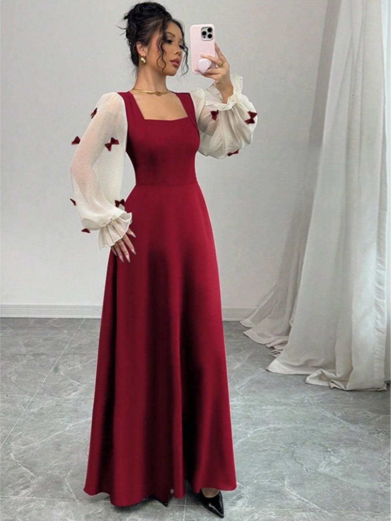 Robe élégante femme rouge bordeaux – manches bouffantes, col carré, nœud à la taille, coupe A-line longue, formelle pour soirées et mariages, lavable en machine, toutes saisons, adaptée aux talons courts ou chaussures plates