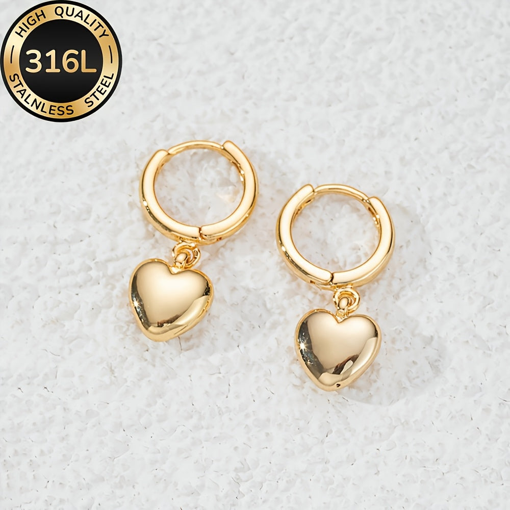 Boucles d’oreilles cœur en acier inoxydable de haute qualité, plaqué or, hypoallergéniques et résistantes à la décoloration, simples et élégantes, parfaites pour usage quotidien ou soirées, cadeau délicat pour femme