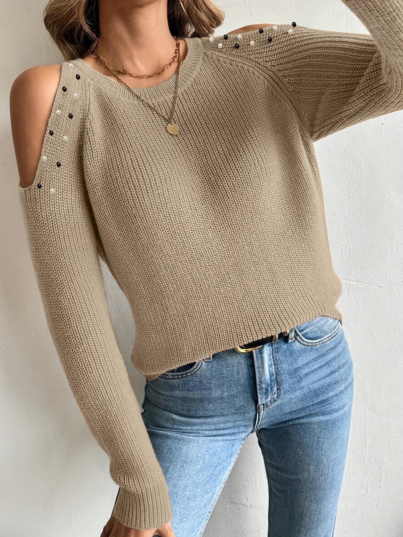 Pull élégant pour femmes, épaules dénudées, perlé, col rond, veste style gilet, beige, automne/hiver, lavable en machine