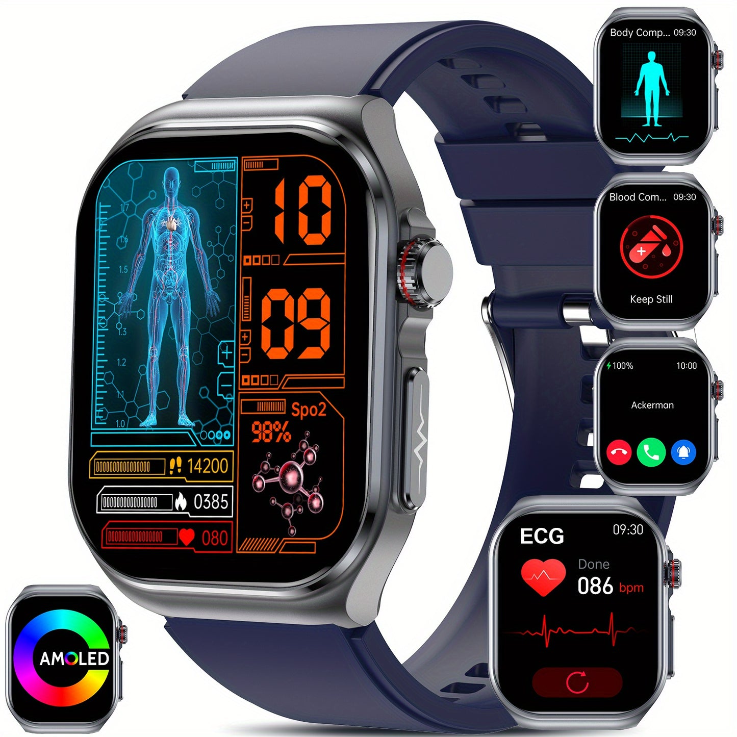 Nouvelle montre connectée 2025 : grand écran AMOLED de 5,18 cm, batterie longue durée 530 mAh, appels Bluetooth 5.3, modes multisports, assistant vocal, SOS, suivi menstruel, prévisions météo, montre de suivi fitness compatible Android et iOS