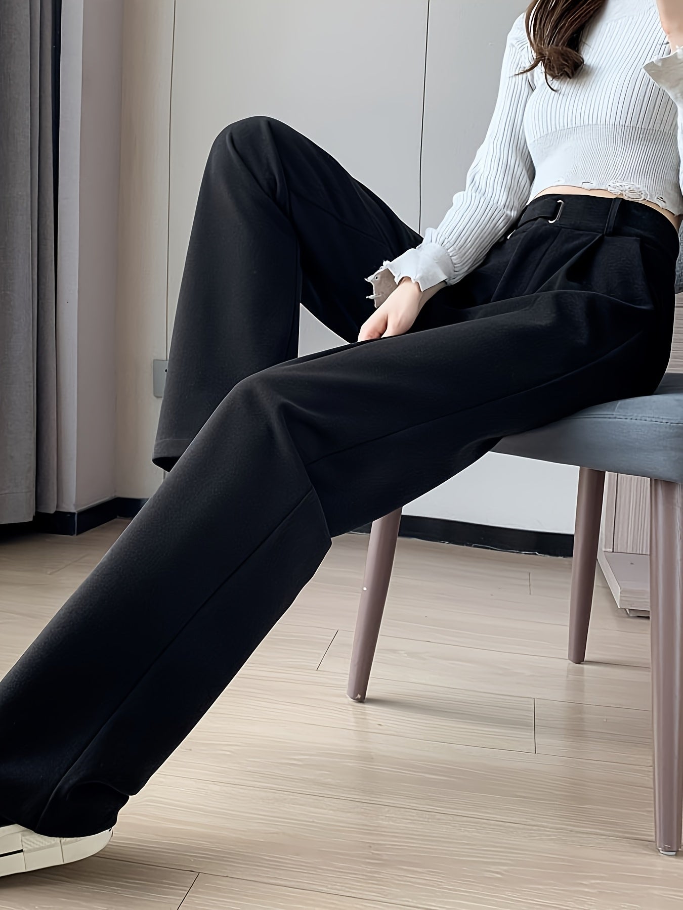 Pantalon Femme en Tweed – Gris, Taille Haute, Jambe Droite, Automne/Hiver, Sans Ceinture