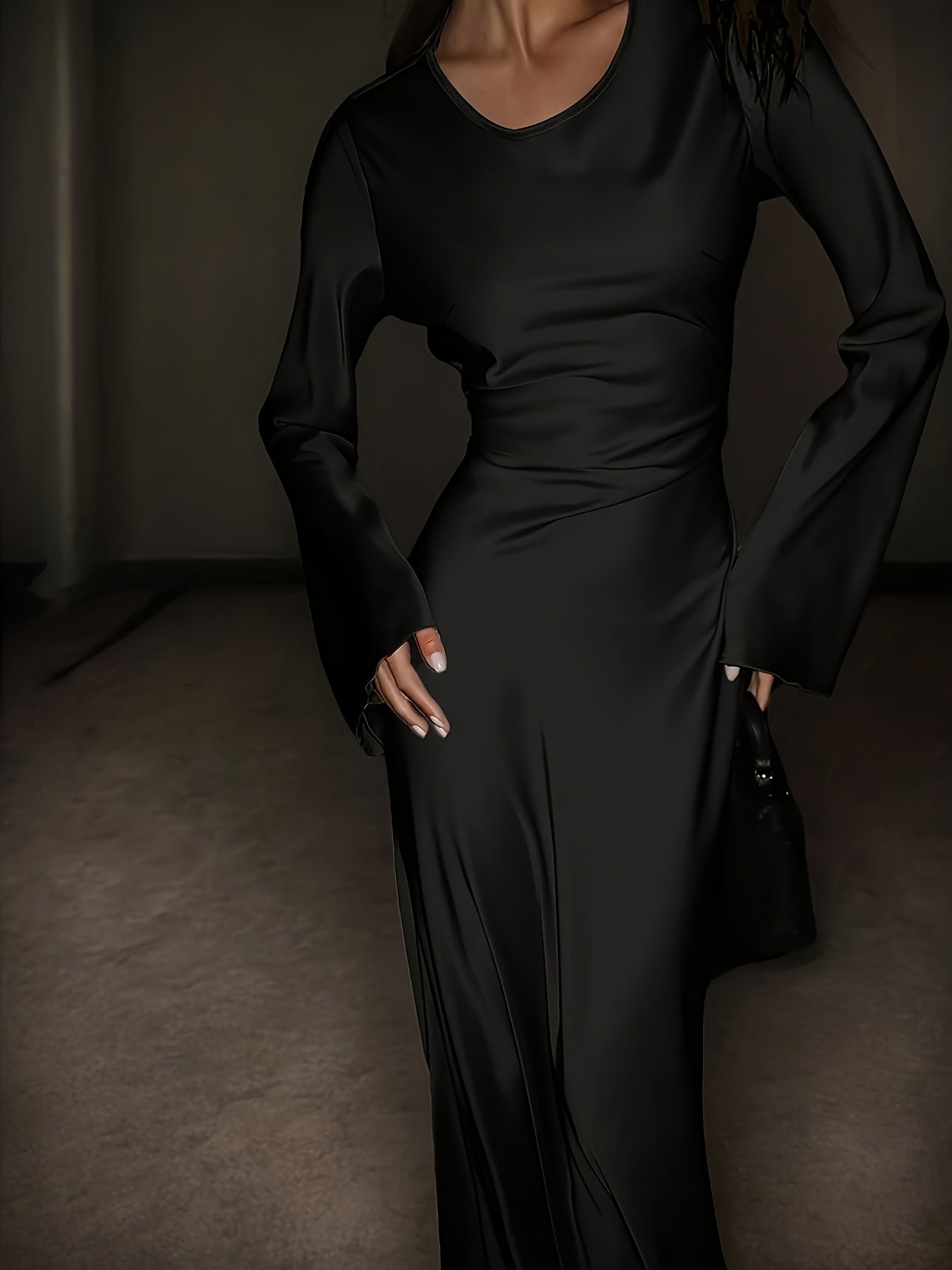 Robe Femme Élégante Manches Longues A-Ligne – Nœud à la Taille, Robe Longue de Soirée, Mariage et Gala, Tenue Sophistiquée Automne/Hiver, Fini Satin, Idéale Événements Formels
