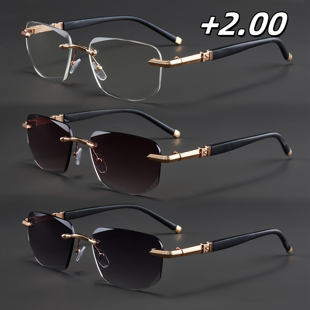 3-Pack, Stylish Men's Frameless Reading Glasses, Elegant Metal Frame, Options: 100, 150, 200, 250, 300, 350, 400 Degrees,christmas Gifts