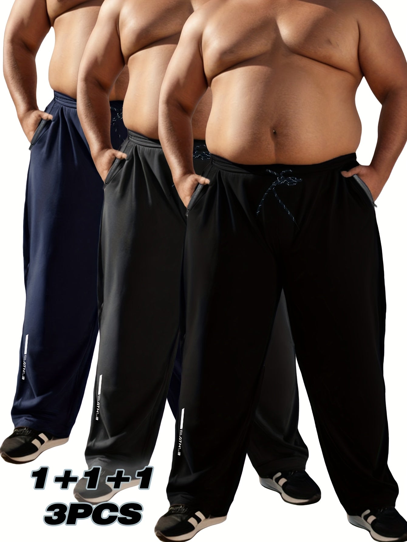 3pcs Joggers Homme Grande Taille – Relaxed Fit, Poches Zippées, Imprimé, Bleu Marine & Noir, Printemps/Automne