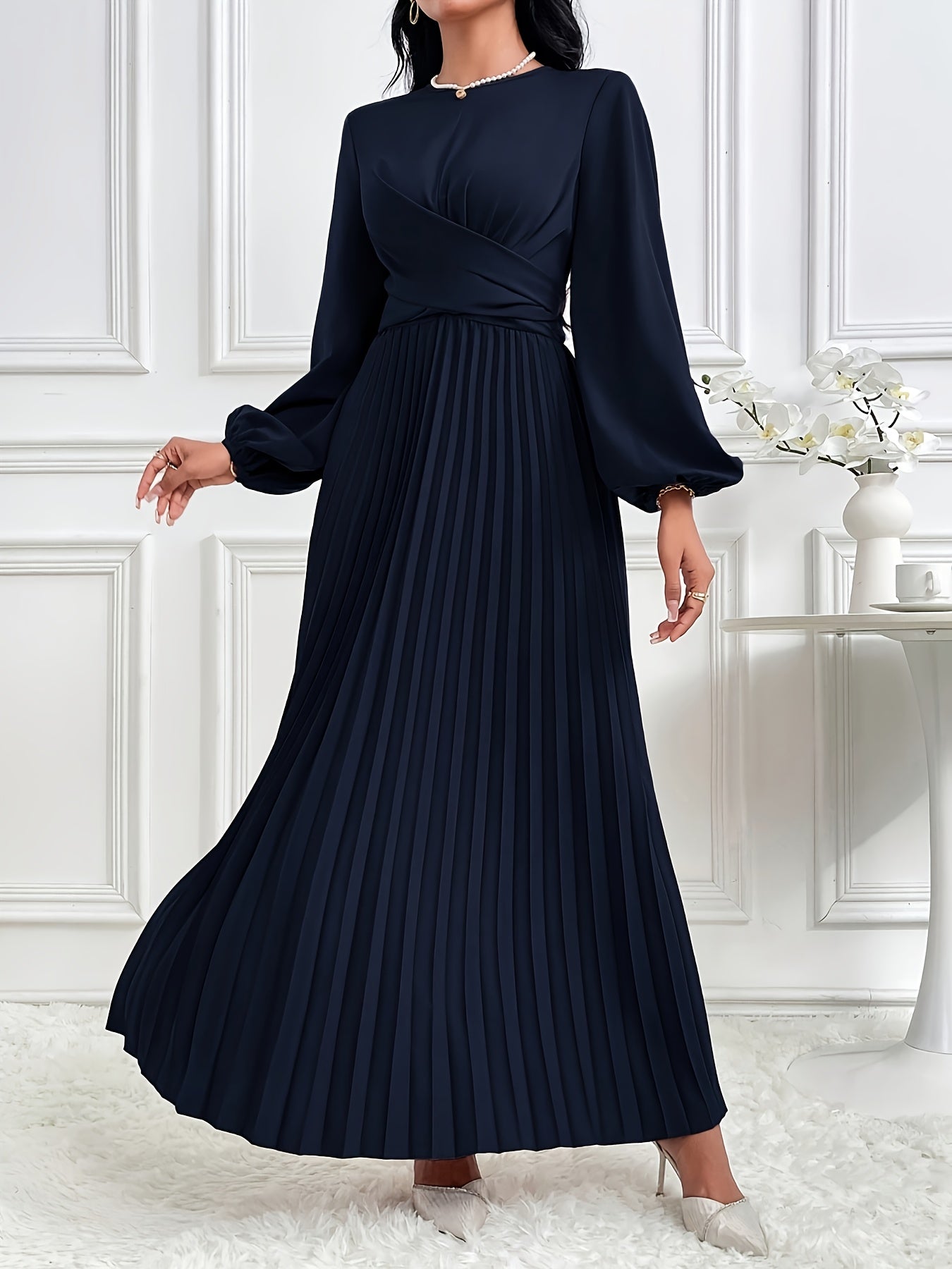 Women's Solid Color Lantern Sleeve Ruffled Elegant Arabic Dress