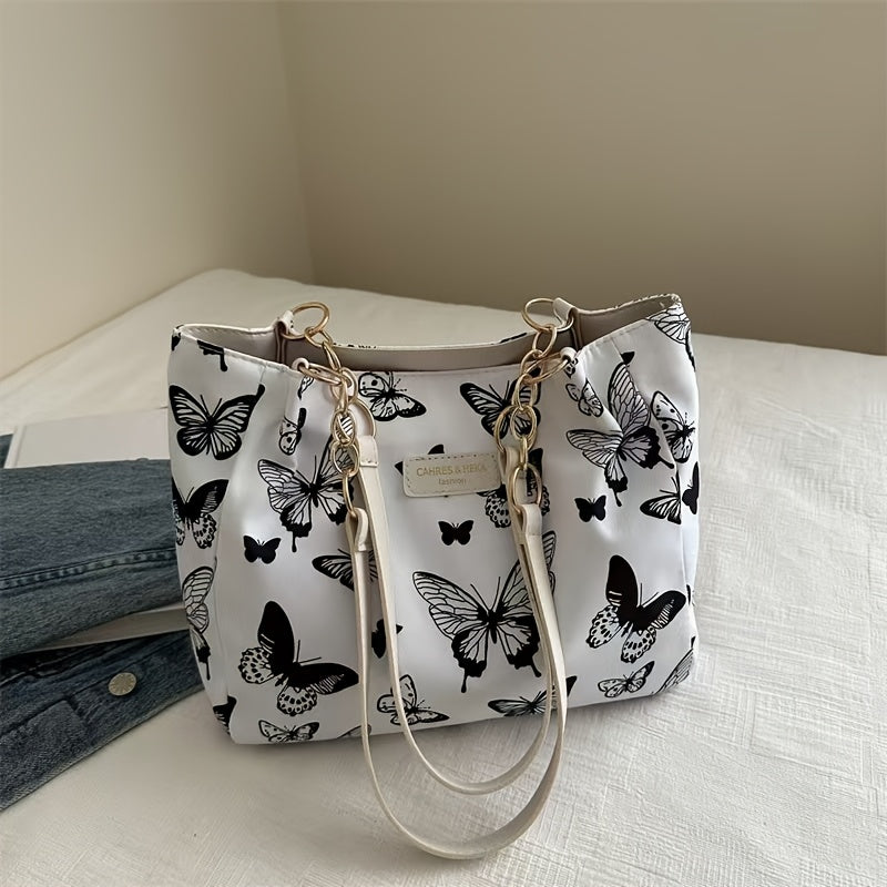 Sac Cabas en Toile Chic à Motif Floral et Papillon pour Femmes – Grande Capacité, Fermeture Éclair, Idéal pour Usage Quotidien et Déplacements – Cadeau Stylé pour Elle
