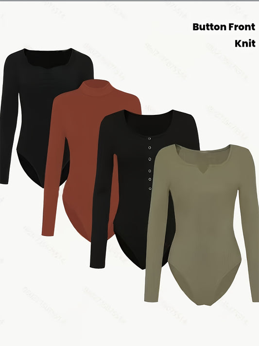 Lot de 4 Body Femme à Manches Longues Col V - Couleur Unie en Tissu Tricoté Polyester, Fermeture à Boutons, Idéal pour Toutes les Saisons