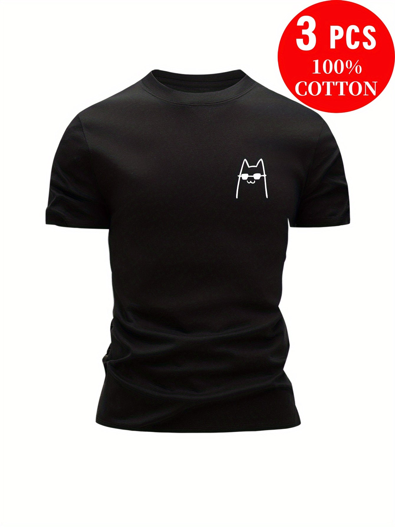 3pcs 100% Cotton T-Shirts, Funny Summer Casual Top for Men with Cartoon Cat Design, Leisure Clothing, Relaxed Fit, Cartoon Print, Playful Design, Cotton Fabric, Comfortable Fit, Short Sleeve Tee, Fitted Shirt, Casual Wearers,