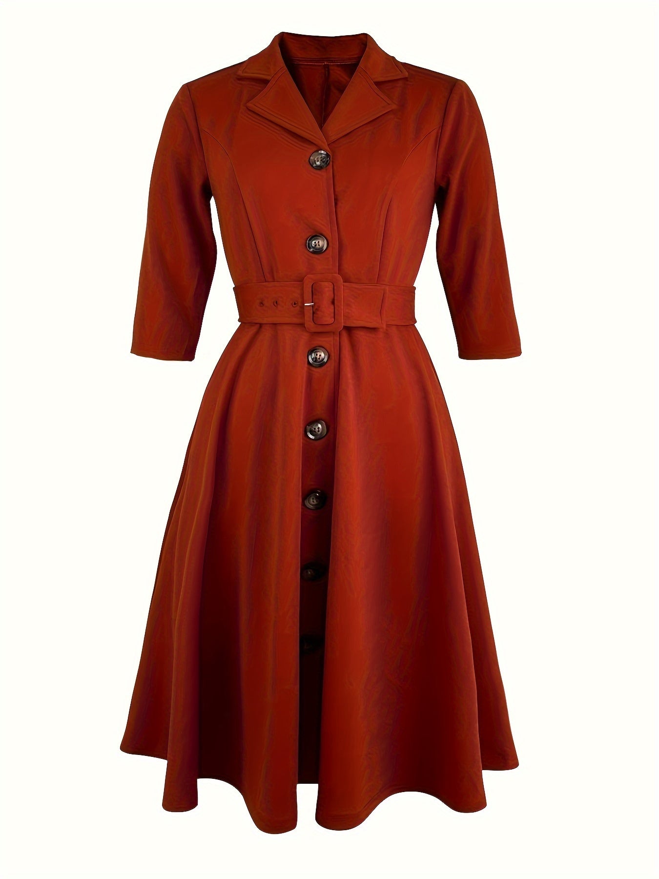 Robe A-Ligne à Boutonnage Simple – Manches 3/4, Col Revers, Ceinturée, Couleur Unie, Idéale Printemps/Automne