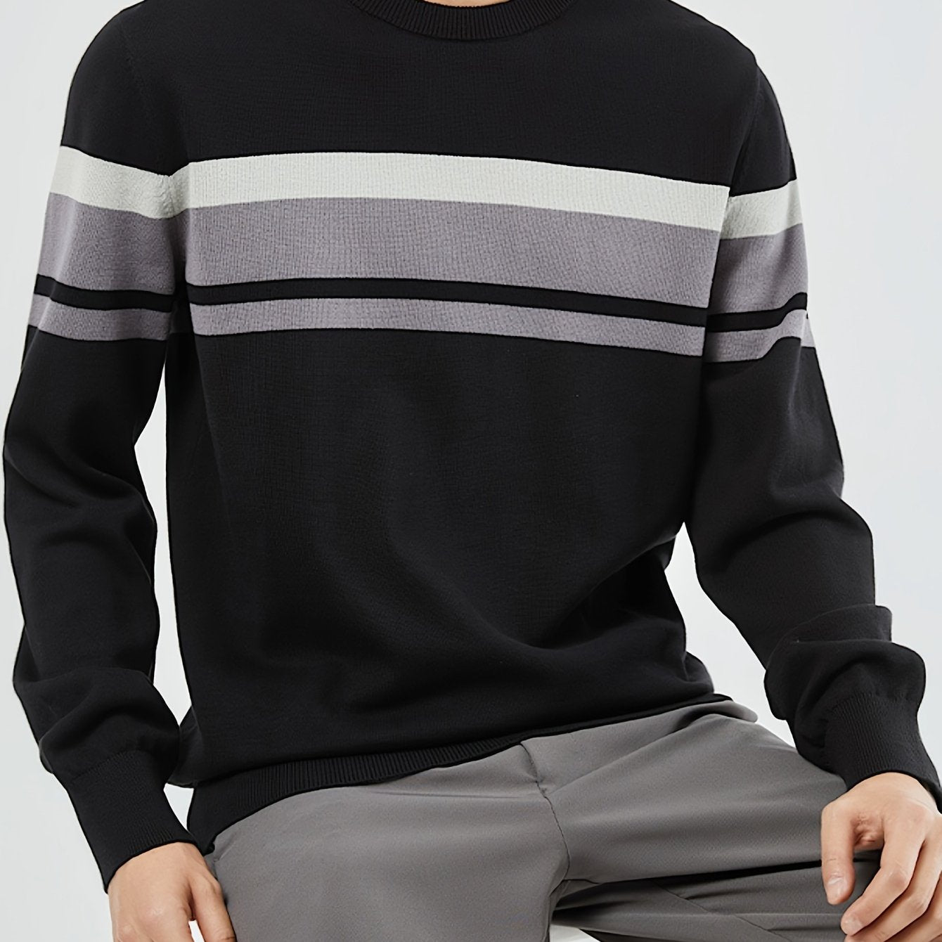 Men's Slim Fit Striped Knit Sweater - Navy Blue & Gray Horizontal Stripes, Medium Stretch Round Neck Pullover for Autumn Winter Casual Wear, Machine Washable