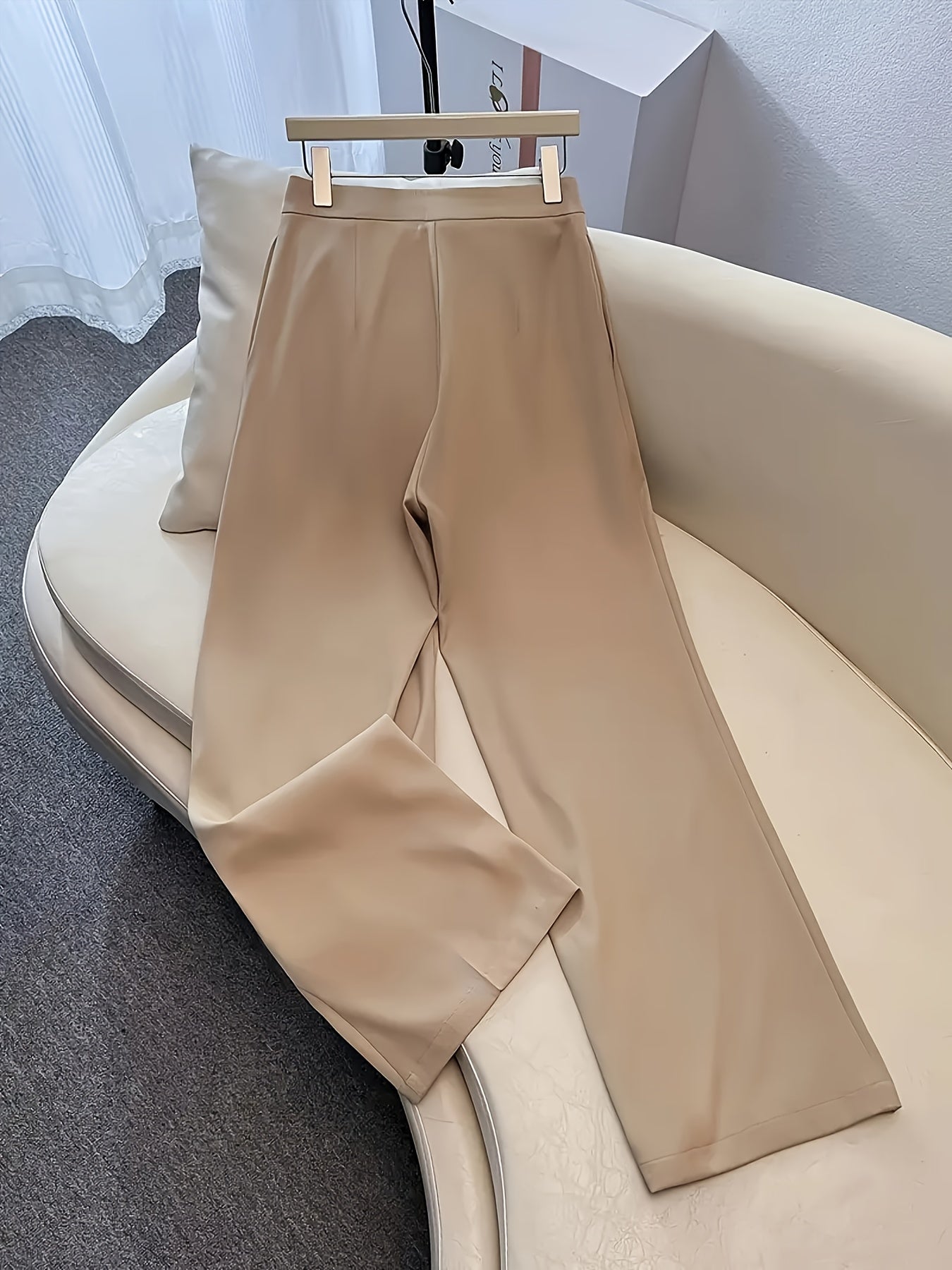 Pantalon Femme Taille Haute – Jambe Large, Extensible, Poches et Fermeture Zippée, Couleur Unie, Tous Saisons
