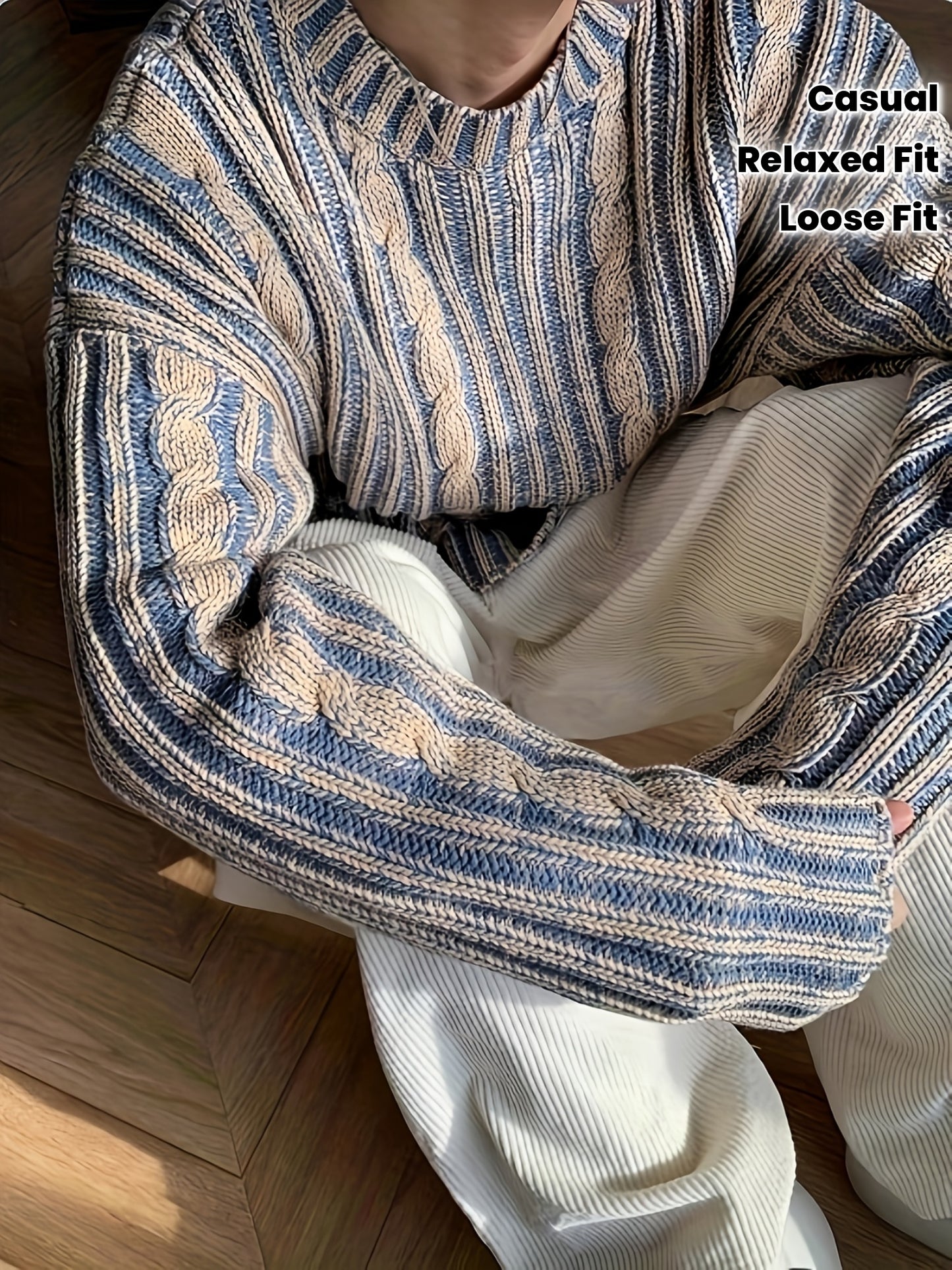 Men's Autumn Winter Casual Retro Color-Block Round Neck Sweater - Loose Fit Cable Knit Pullover with Blue & Beige Contrast, Hand Wash/Dry Clean, Knitted Sweater, Cozy Knitwear, Relaxed Fit Sweater, Comfortable Fabric