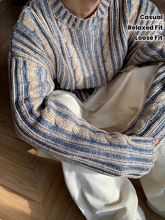 Men's Autumn Winter Casual Retro Color-Block Round Neck Sweater - Loose Fit Cable Knit Pullover with Blue & Beige Contrast, Hand Wash/Dry Clean, Knitted Sweater, Cozy Knitwear, Relaxed Fit Sweater, Comfortable Fabric