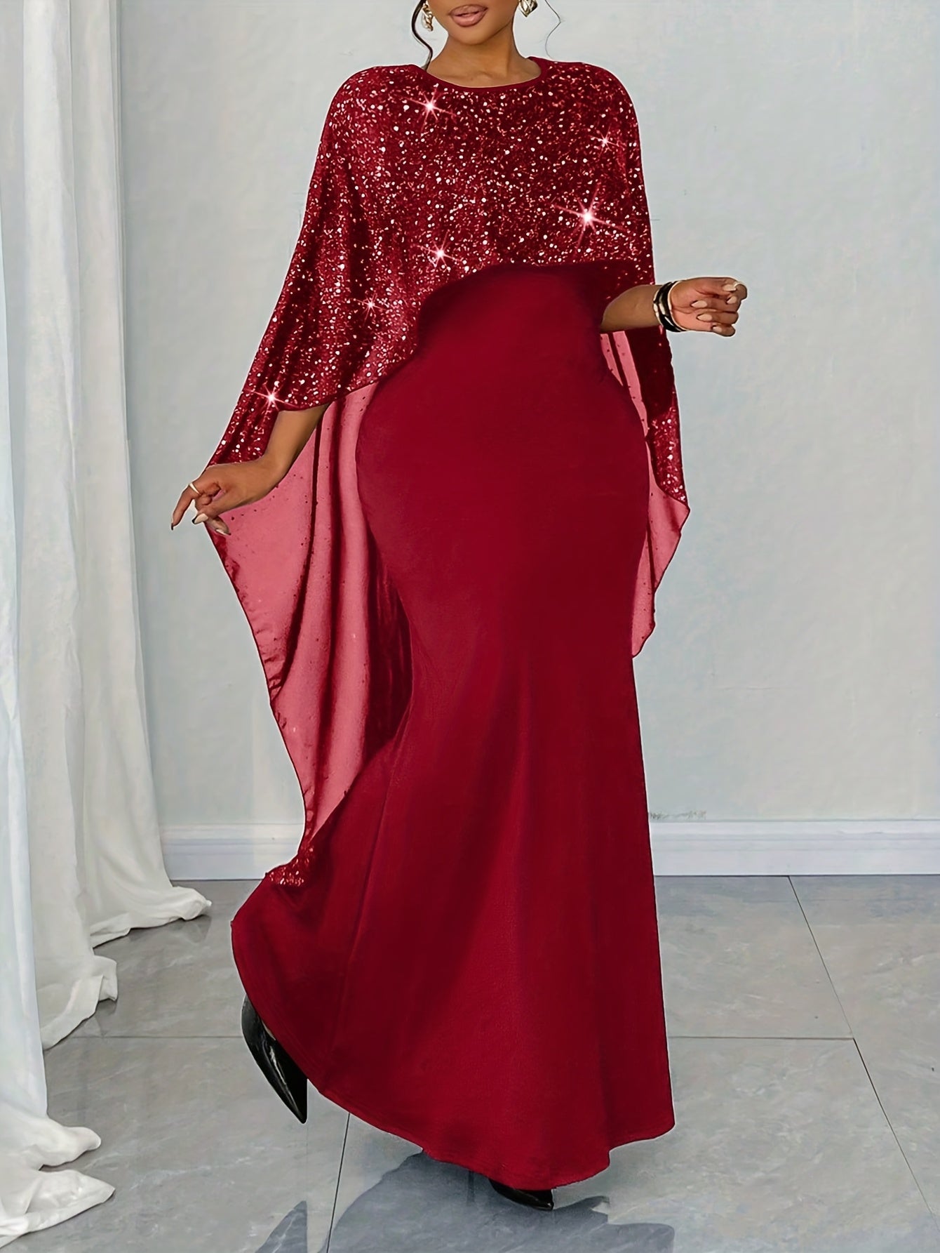 Elegant Black Sequin Cape Dress for Women - Bodycon Mermaid Gown with Flowing Cape Sleeves, Perfect for Parties & Formal Events, Formal Event Attire|Sequin Embellished Dress|Polyester Fabric