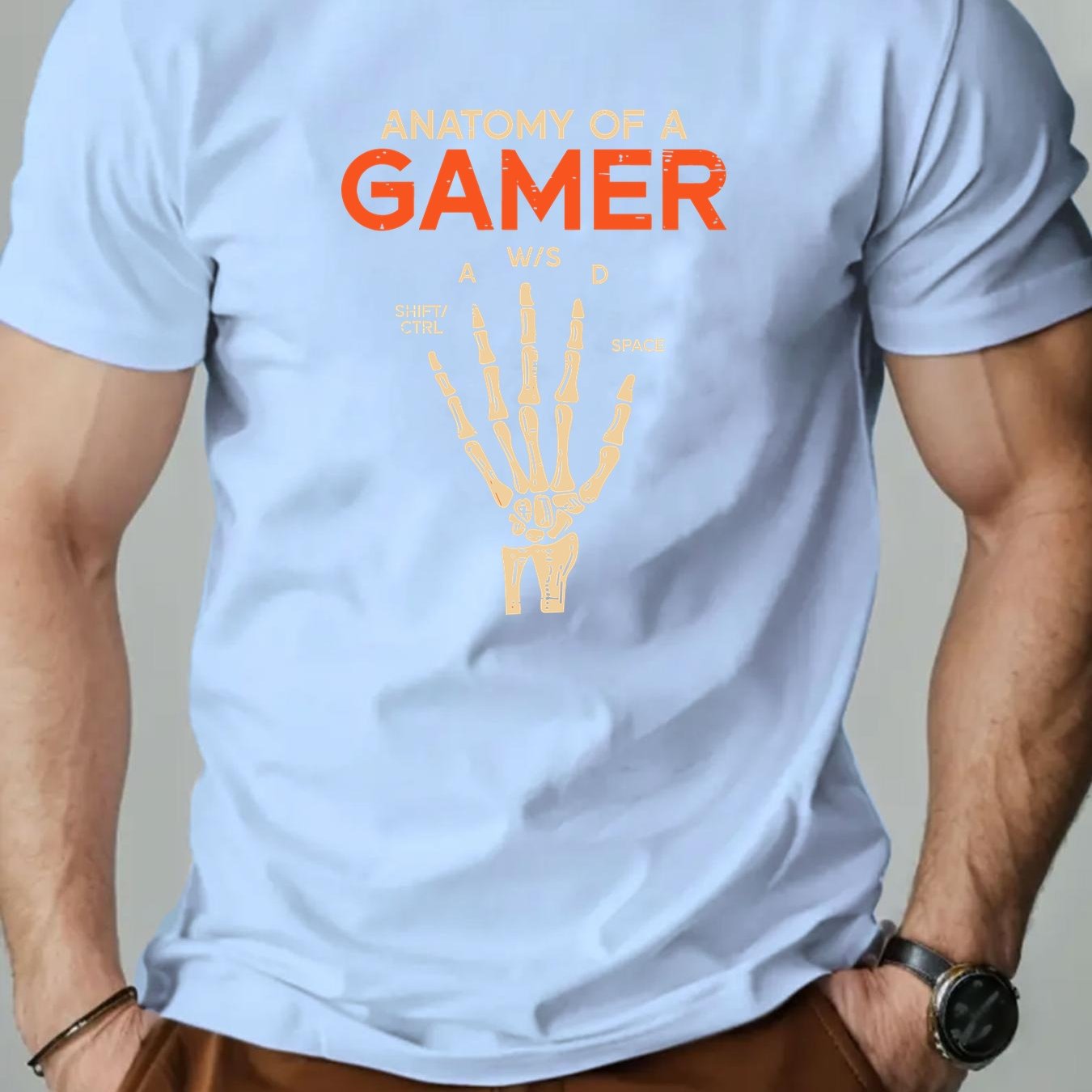 Men's Anatomy of a Gamer Graphic T-Shirt - Black Casual Short Sleeve Summer Tee with Skeleton Hand & Gaming Controls Design, Lightweight Round Neck Regular Fit for Adult Gamers, Gaming Shirt