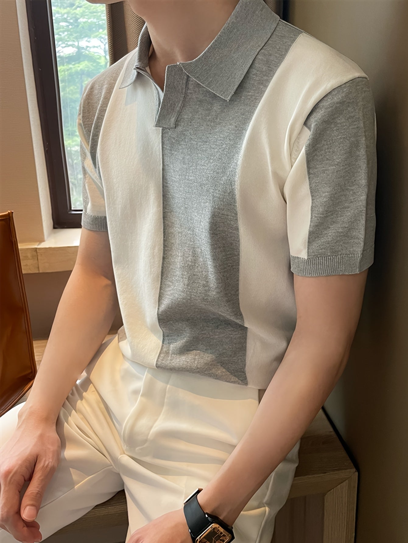 Men'S Casual Short-Sleeve Striped Color-Blocked Knit Polo, a Stylish And Sporty Top Suitable for Summer Golf And Business Attire.