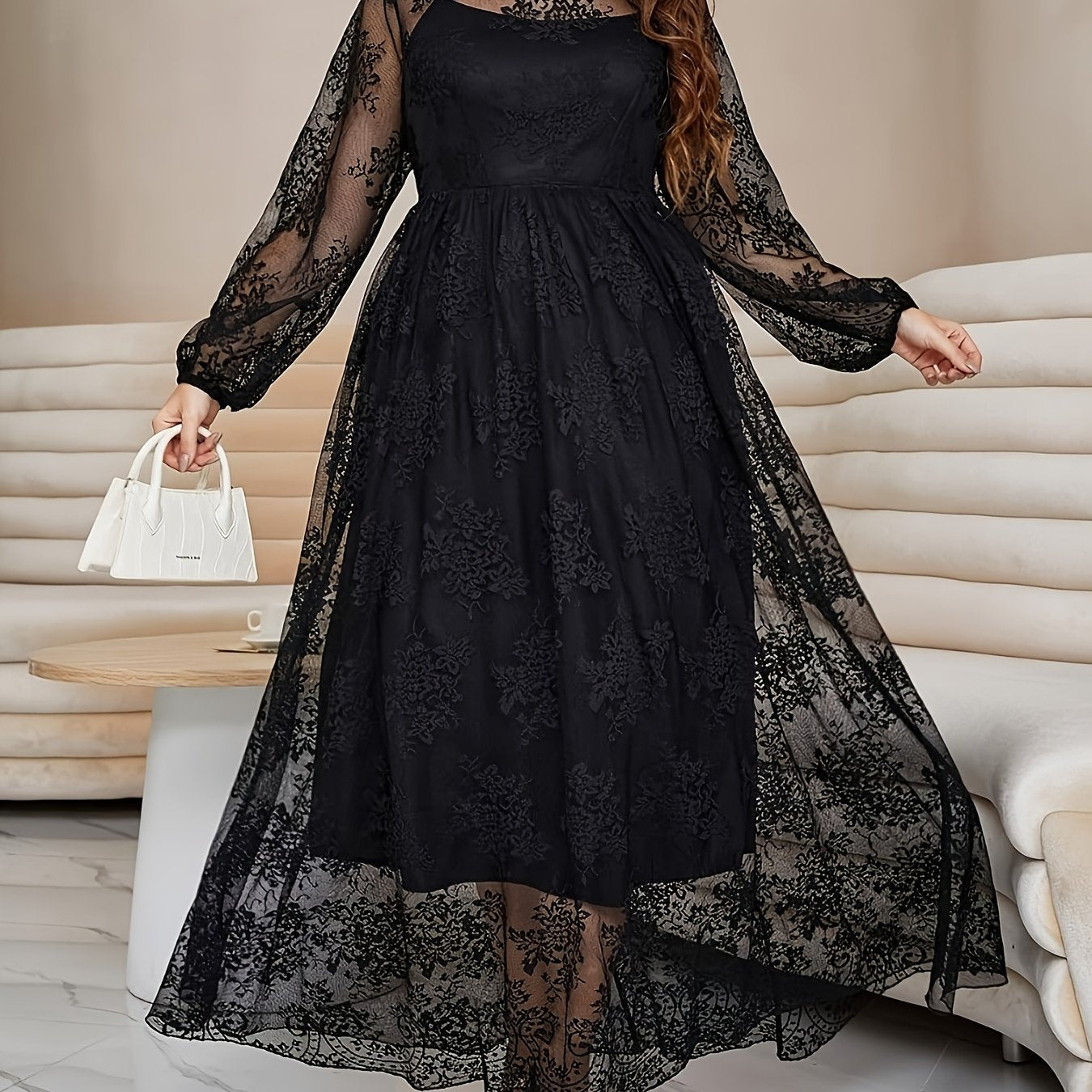 Robe Longue Grande Taille Élégante – Col Montant, Manches Lanternes, Bordure Dentelle, Coupe A-Ligne, Idéale Soirées, Mariages et Galas