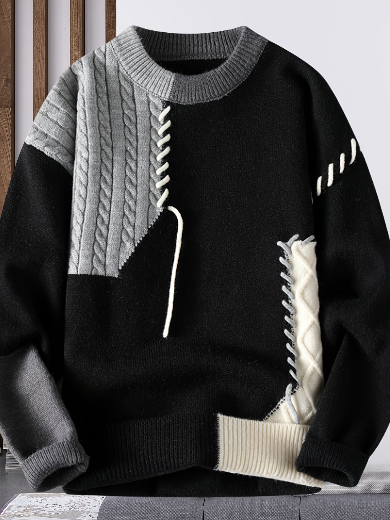 Men'S Korean Style Round Neck Sweater, Youth Fashion Patchwork Ribbed Thickened Warm Knit Shirt, Autumn and Winter New Color Block Casual Base Layer 668