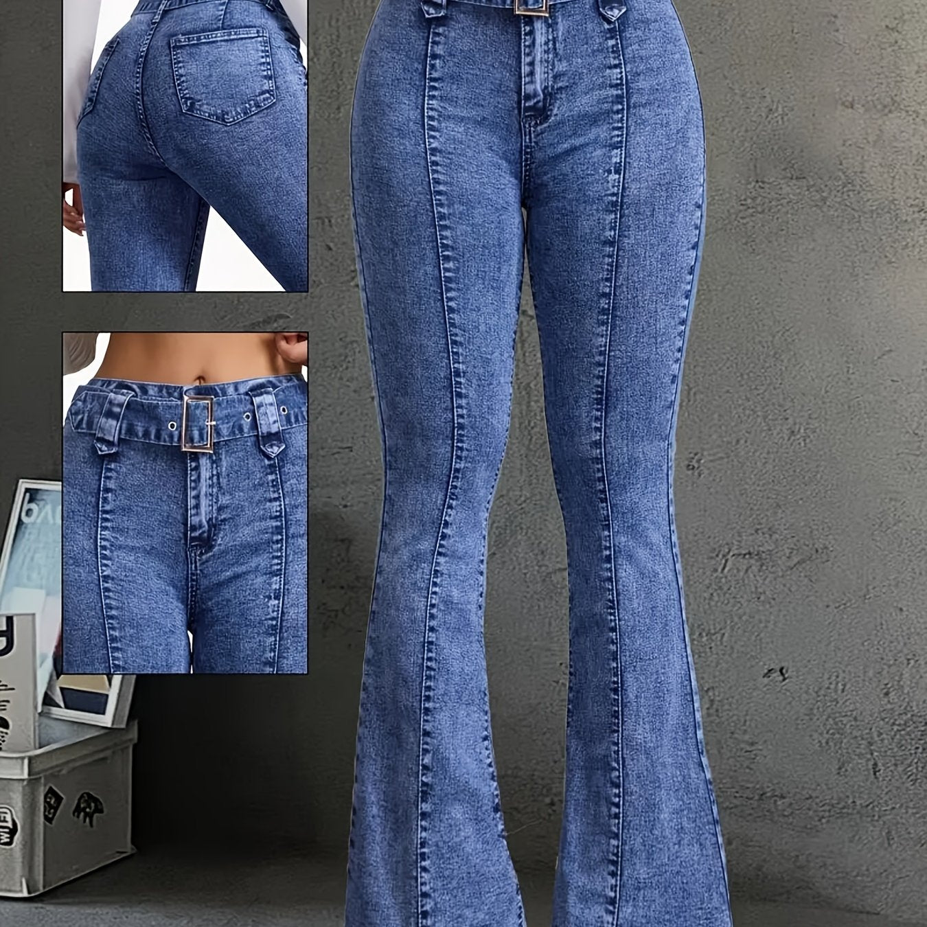 Jean Femme Taille Haute Évasé avec Ceinture – Denim Bleu Clair, Fermeture Zippée et Boutons, Poches, Confortable et Décontracté