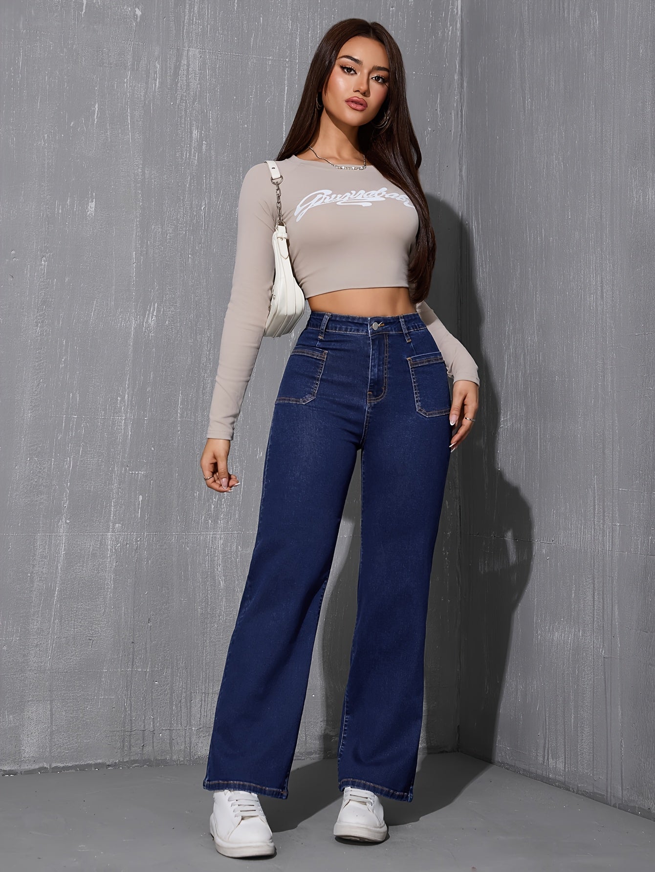 Jeans Femme Jambe Droite Décontracté Taille Élastique Poches Denim Extensible Couleur Unie Longue Printemps Automne Polyvalent