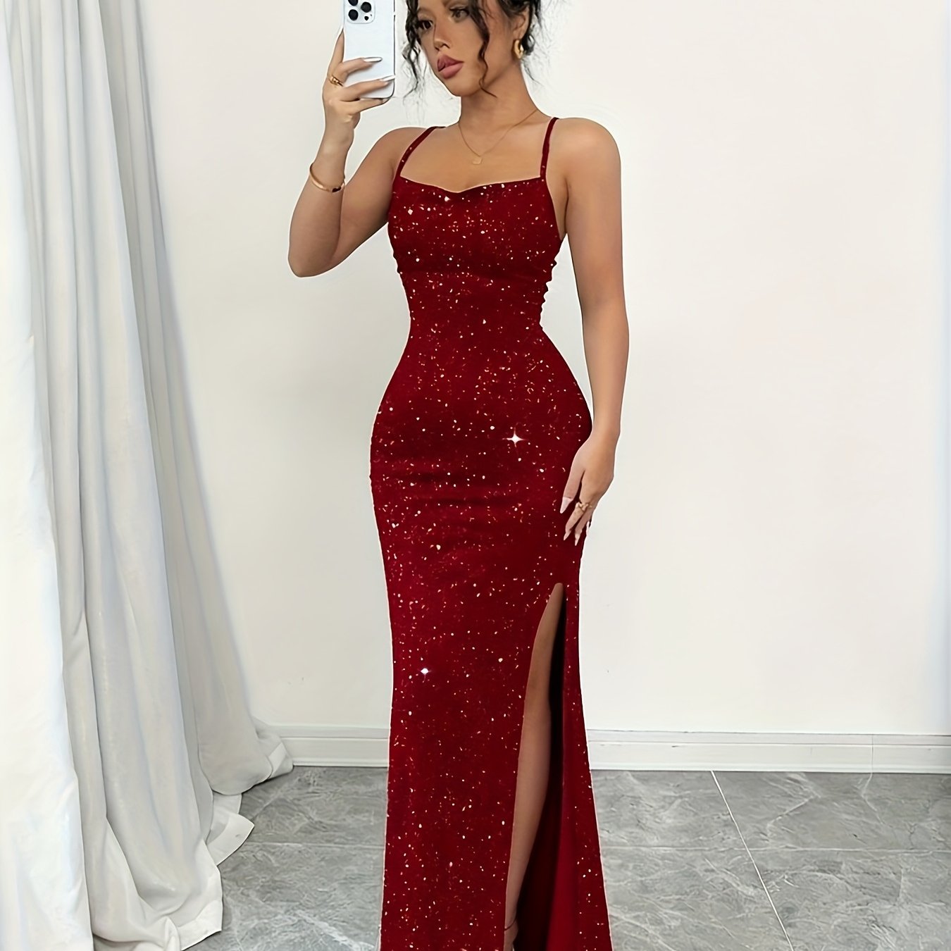 A Lady'S Bridesmaid Dress, an Elegant Red Spaghetti Strap Long Gown Adorned with Sequins, Featuring a Sparkling Split Hem, Perfect for Parties, Weddings, And Cocktail Events. It Is Machine Washable.
