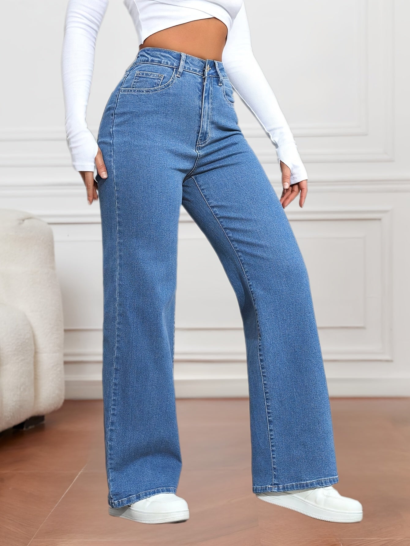 Jeans femme bleu à jambes larges – décontracté, denim extensible, fermeture à boutons, confort toutes saisons, tenue décontractée | jeans larges | tissu tissé