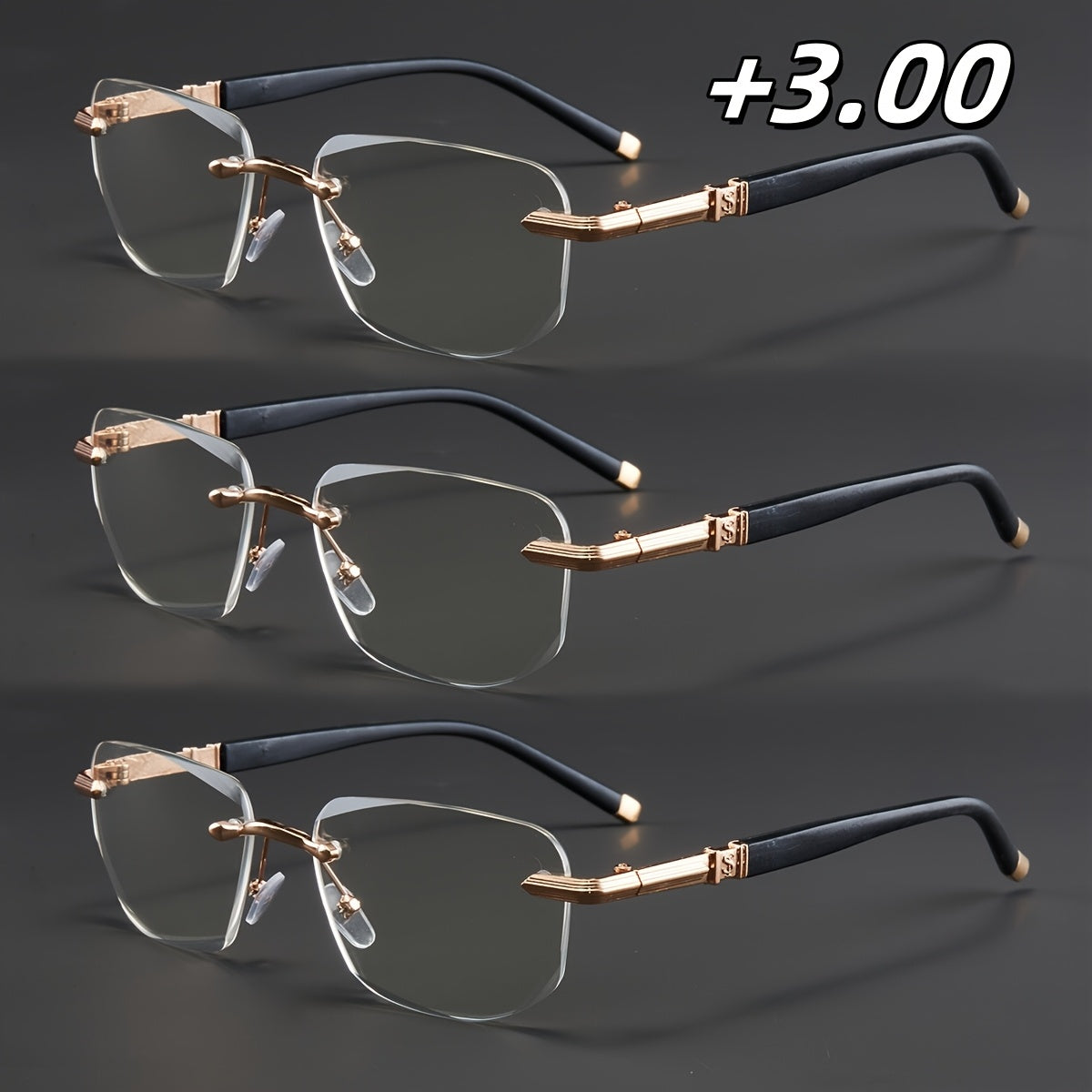 3-Pack, Stylish Men's Frameless Reading Glasses, Elegant Metal Frame, Options: 100, 150, 200, 250, 300, 350, 400 Degrees,christmas Gifts