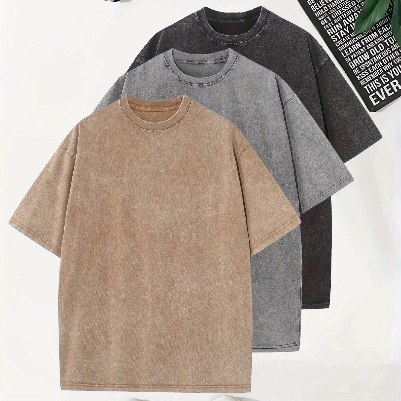 Temujin Starry 3pcs Washed Cotton Distressed 100% Pure 240g Crew Neck T Shirt, Simple and Fashionable