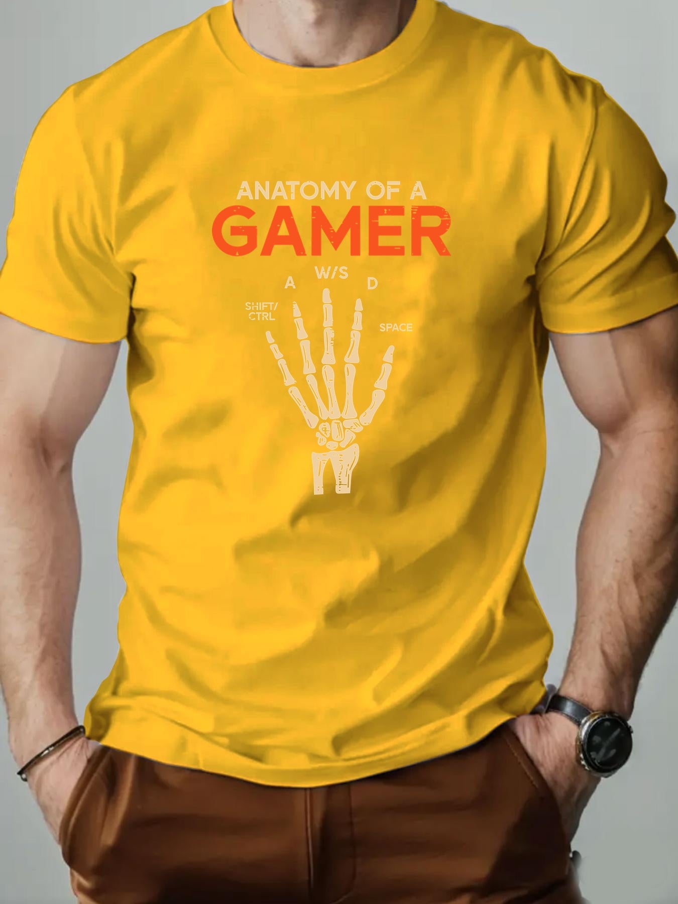 Men's Anatomy of a Gamer Graphic T-Shirt - Black Casual Short Sleeve Summer Tee with Skeleton Hand & Gaming Controls Design, Lightweight Round Neck Regular Fit for Adult Gamers, Gaming Shirt