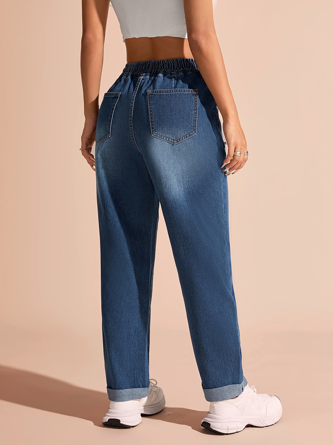 Jeans Femme Taille Haute Denim Cordon Détail Déchiré Jambe Droite Bleu Clair Confort Toute Saison Décontracté
