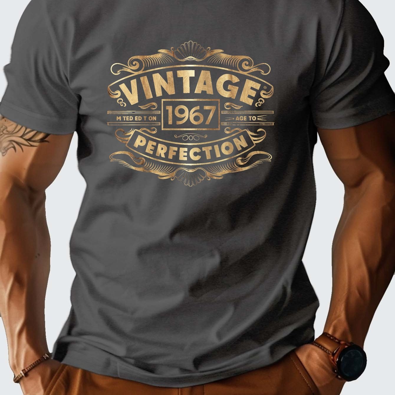 Men'S Vintage 1967 Graphic T-Shirt - Heavyweight 210gsm Crew Neck Tee with Bold "Vintage 49.96meter Print, Casual Short Sleeve, Brown, Perfect for Casual Attire, Vintage T Shirts