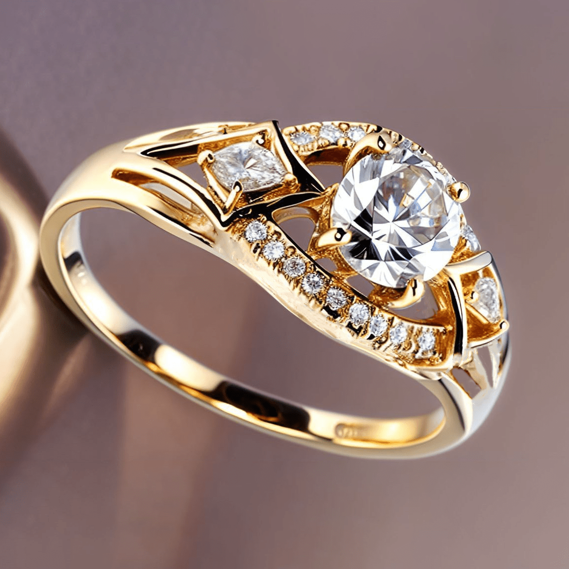 An Exquisite Elegant Luxurious Women's Fashion Personality Wedding Promise Engagement 18K Gold Plated Copper Ring with Round Synthetic Synthetic Zirconia, Suitable for Daily Banquet Celebration Holiday Wear, Party Accessory,