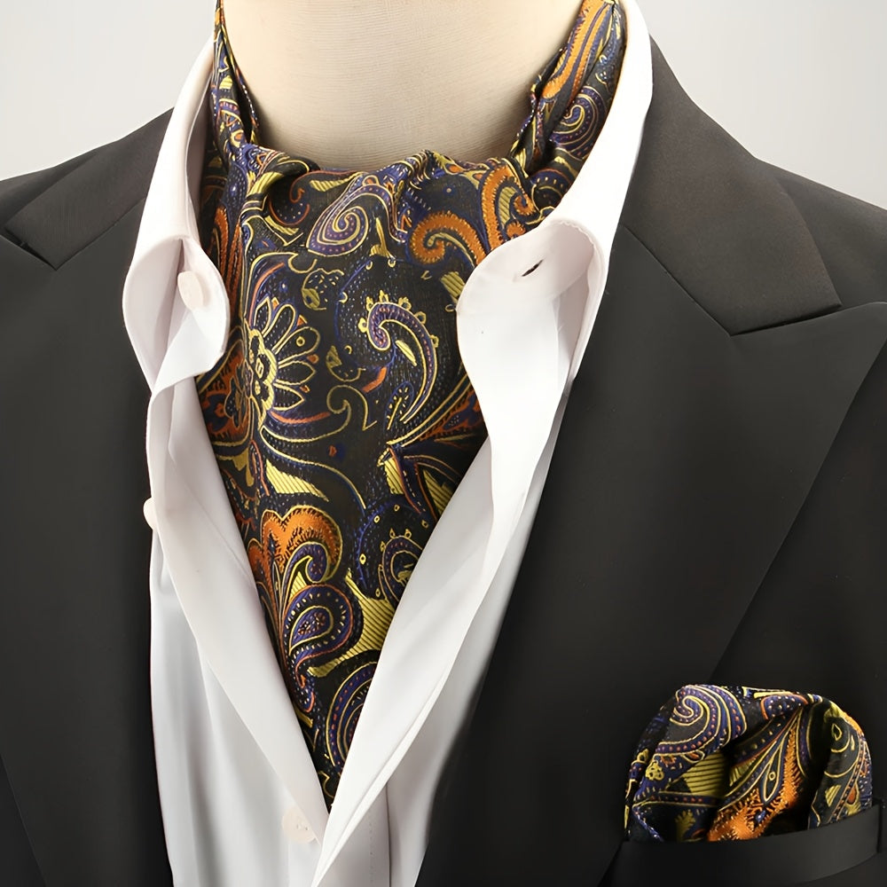 2pcs Ascot Homme – Écharpe et Pochette Style Rétro Britannique pour Mariages et Événements, Motifs Pois/Paisley/Fleur