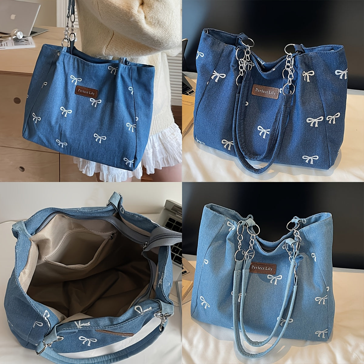 Sac Cabas Femme– Bandoulière Chaîne Fixe, Broderie Nœud, Fermeture Zippée Durable, Idéal Quotidien, Shopping et Sorties – Bleu Clair / Bleu Foncé, Idée Cadeau Élégante